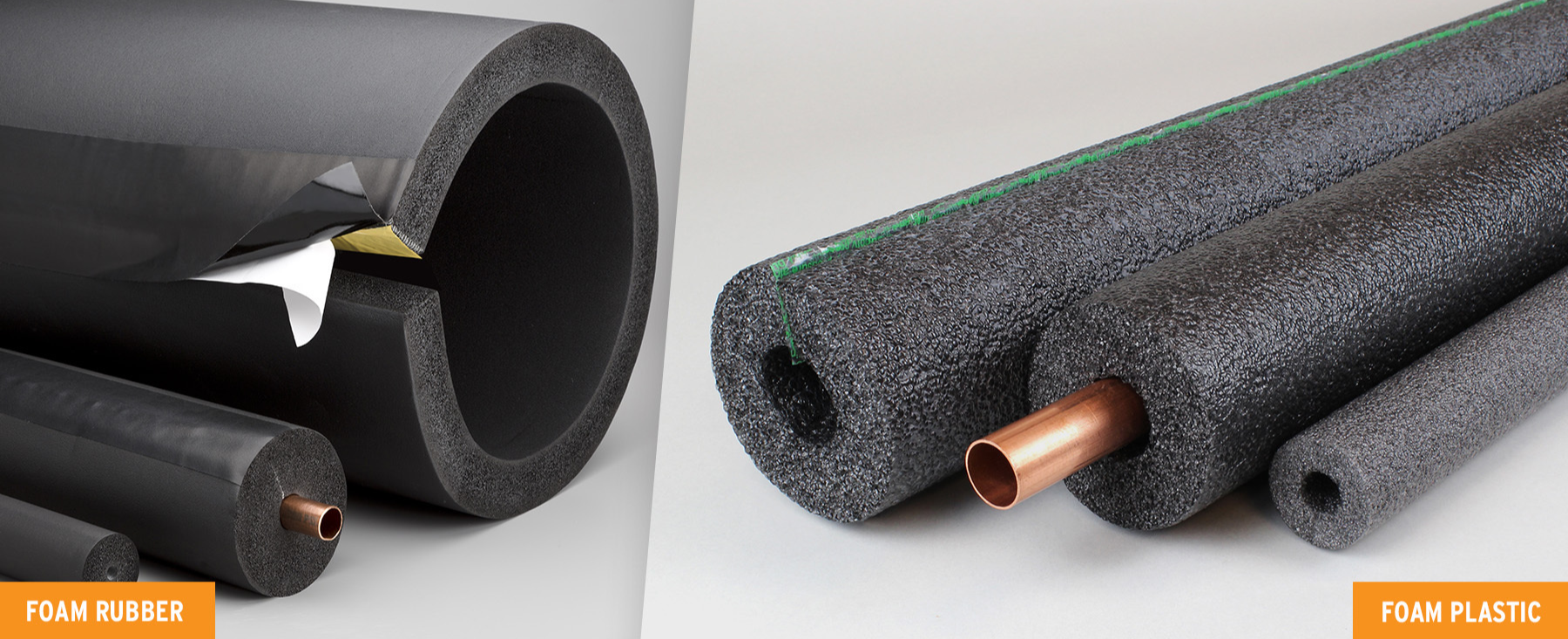 Rubber vs foam pipe insulation showing elastomeric rubber and polyethylene foam insulation on copper pipes